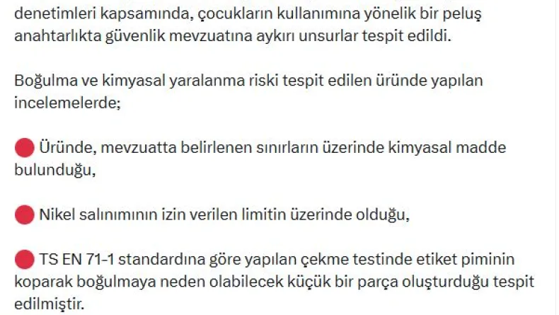 Ticaret Bakanlığından çocuklar açısından risk taşıdığı tespit edilen anahtarlık için toplatma kararı