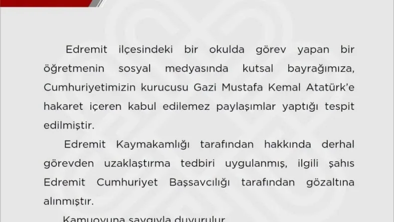 Türk bayrağına ve Atatürk’e hakaret içerikli paylaşımda bulunan öğretmen gözaltına alındı