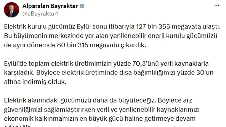 Türkiye'nin elektrik kurulu gücü 127 bin 355 megavata ulaştı