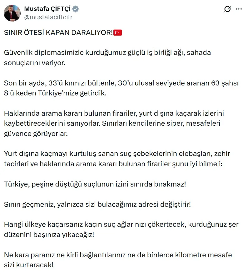 Ulusal ve uluslararası düzeyde aranan 63 suçlu yakalanarak Türkiye'ye iade edildi