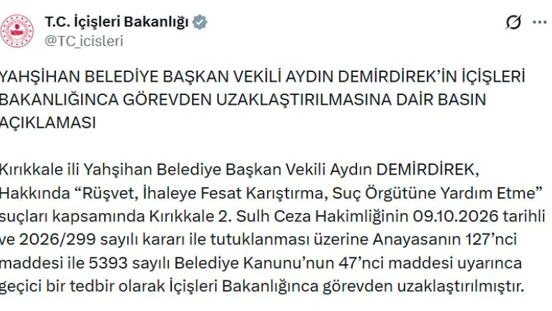 Yahşiyan Belediye Başkanvekili Demirdirek, görevden uzaklaştırıldı