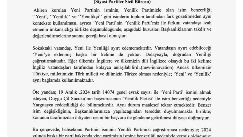 Yenilik Partisi, ‘Yeni Parti’nin isminin değiştirilmesi için Yargıtay’a başvurdu