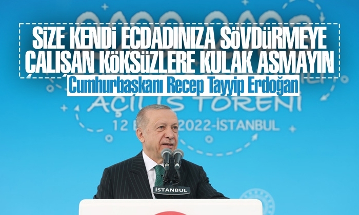 Erdoğan: Size kendi ecdadınıza sövdürmeye çalışan köksüzlere kulak asmayın